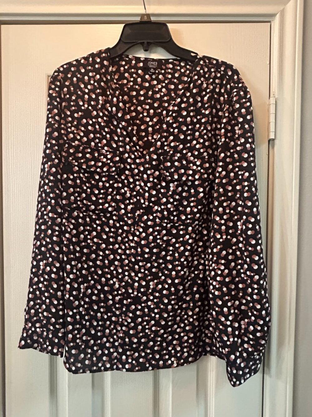 Jones New York Signature XL Black Polkadot Print Long Sleeve Blouse
